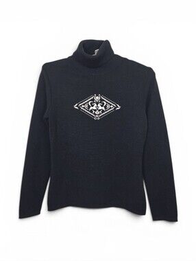 Vintage Bogner Virgin Wool Embroidered Stag Ski Turtleneck Sweater Black Small